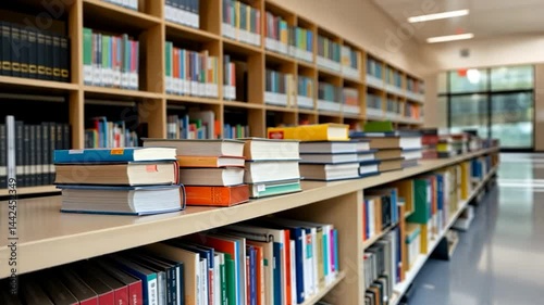 Stacks of books on a wooden shelf in a library with blurred background soft lighting and linear perspective. The books have various colors. The library has a bright and airy atmosphere