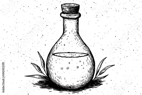 This vintage woodcut illustration features a flask containing yeast, elegantly framed by delicate botanical elements.