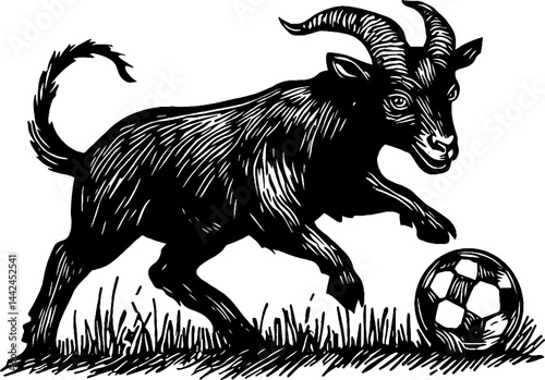 A goat energetically kicks a soccer ball while standing on grass. The vintage woodcut illustration captures the playful spirit of the animal.