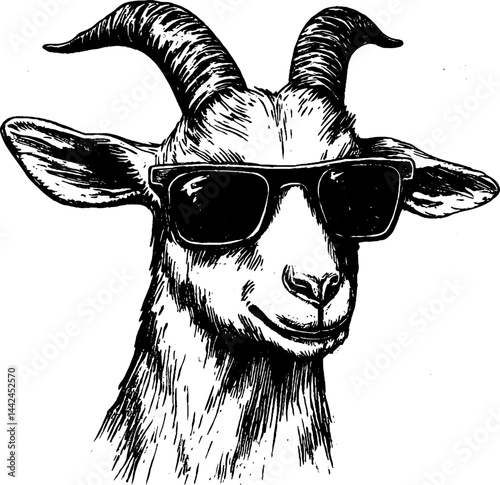 This vintage woodcut illustration features a goat sporting stylish sunglasses.