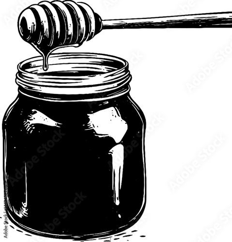 This vintage woodcut illustration showcases a jar of honey alongside a dipper.