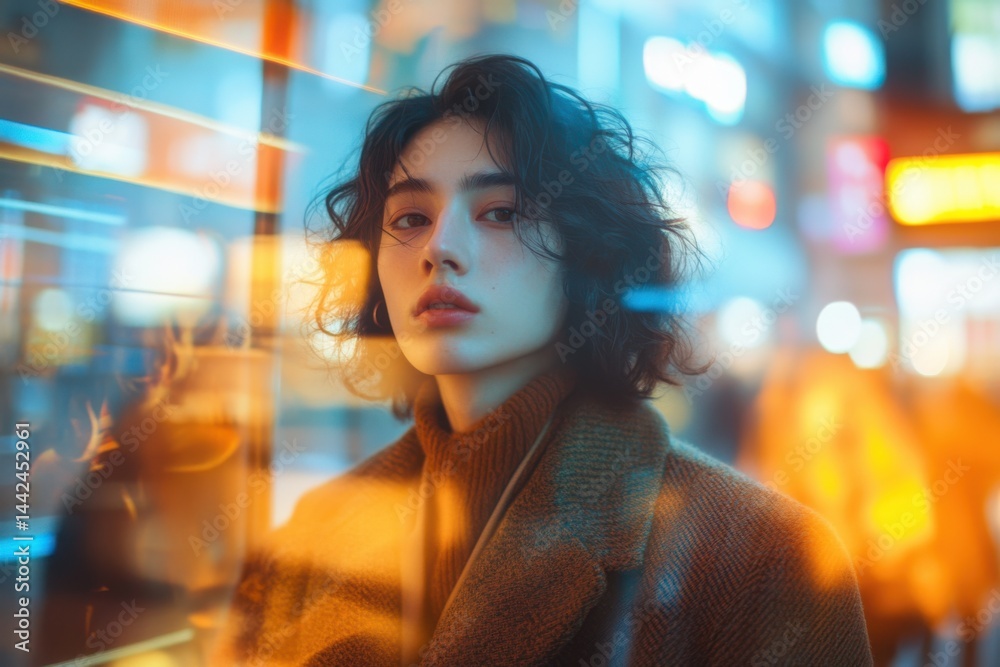 Stylish Young Model at Night in Urban City with Reflections and Neon Lights, Fashion Portrait with Vibrant Atmosphere