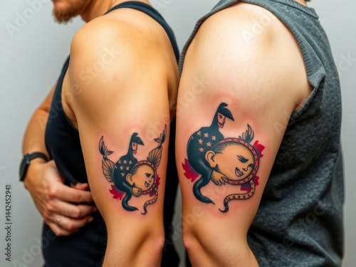 Obraz na płótnie Two people with tattoos on their arms, one of which is a snake. The tattoos are of a man and a woman, and the woman's tattoo is of a snake w salonie