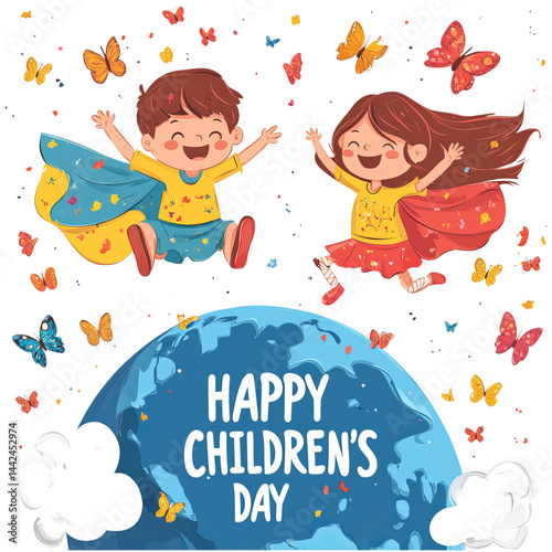 A cute cartoon boy and girl jumping on top of the Earth, wearing colorful with capes behind them, smiling happily, surrounded by butterflies flying in white clouds