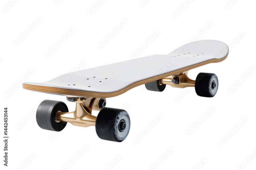 White And Gold Skateboard With Brown Patterned Deck On Transparent Background White And Gold Skateboard With Brown Patterned Deck On Transparent Background