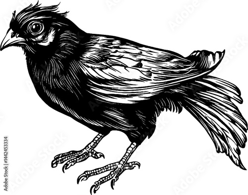 This vintage woodcut illustration captures a pheasant perched elegantly, highlighting its detailed feathers.