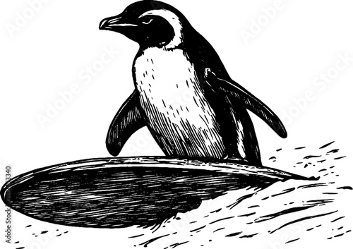 This vintage woodcut illustration features a penguin expertly balancing on a surfboard while riding a wave.