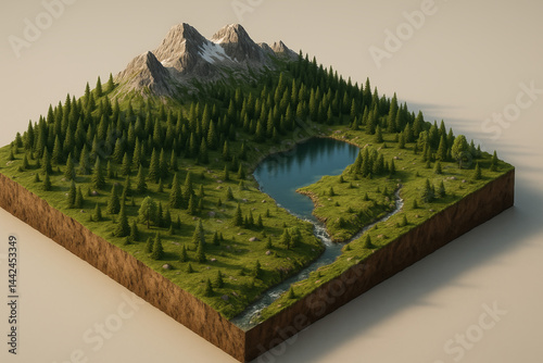 Isometric 3D terrain slice with alpine mountains, dense pine forest, river stream, and tranquil blue lake in a stylized natural setting.
