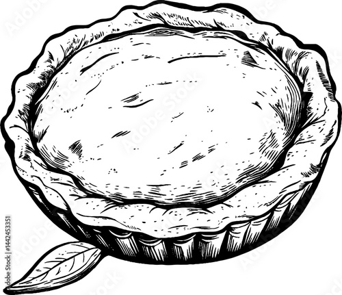 This vintage woodcut illustration showcases a freshly baked pie resting on a wooden surface, capturing a warm and inviting kitchen atmosphere.