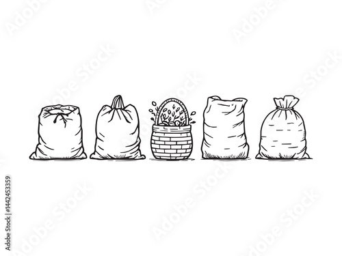Harvest Bag Full of Fresh Produce Line Art Vector