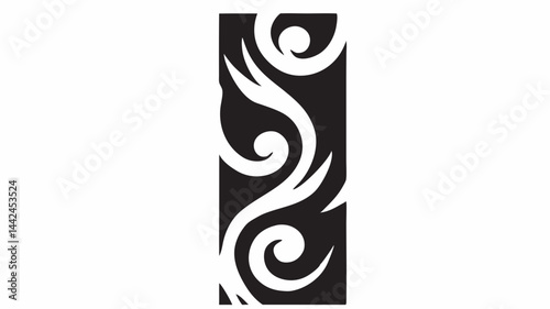 Elegant swirling black and white design, a rhythmic dance of curves and sharp points creating a visually striking pattern in a vertical rectangular frame.