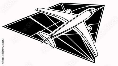 A majestic jet soaring through a geometric sky, a powerful symbol of global travel and adventure with bold black and white lines and a striking triangular frame.