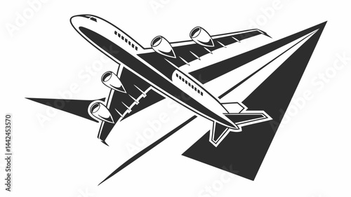 A majestic jet plane soaring through the sky, leaving a dramatic vapor trail, a symbol of travel and adventure in a bold black and white illustration.