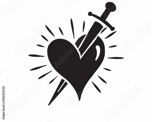 A heart pierced by a dagger, a bold symbol of heartbreak and sacrifice, rendered in stark black ink with a radiant sunburst effect.
