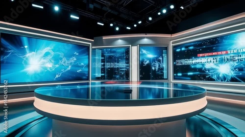 This lively studio showcases advanced broadcasting technology with vibrant screens displaying graphics and data. The sleek design and lighting create an engaging atmosphere for presentations and news 