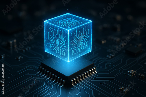 A glowing digital cube with circuitry patterns floats above a microchip, symbolizing the power of modern technology and artificial intelligence.