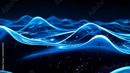 Vibrant blue waves pulse and shimmer in an abstract display, creating fluid patterns against a dark background. This captivating visual effect immerses viewers in a tranquil, dreamlike atmosphere