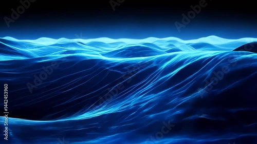 Undulating waves of vibrant blue light dance in a dark setting, evoking a sense of tranquility and mystery. The smooth motion and luminous quality draw viewers into an enchanting underwater world