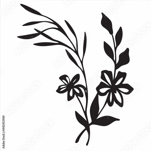 Elegant black and white floral bouquet, a simple yet striking design with bold, hand-drawn style flowers and leaves, showcasing minimalistic beauty.