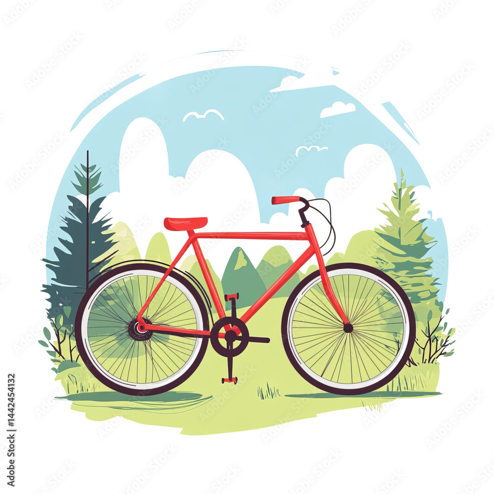 Fototapeta premium World Bicycle Day world bicycle day flat vector illustration with red bike and landscape background for banner, poster or greeting card design