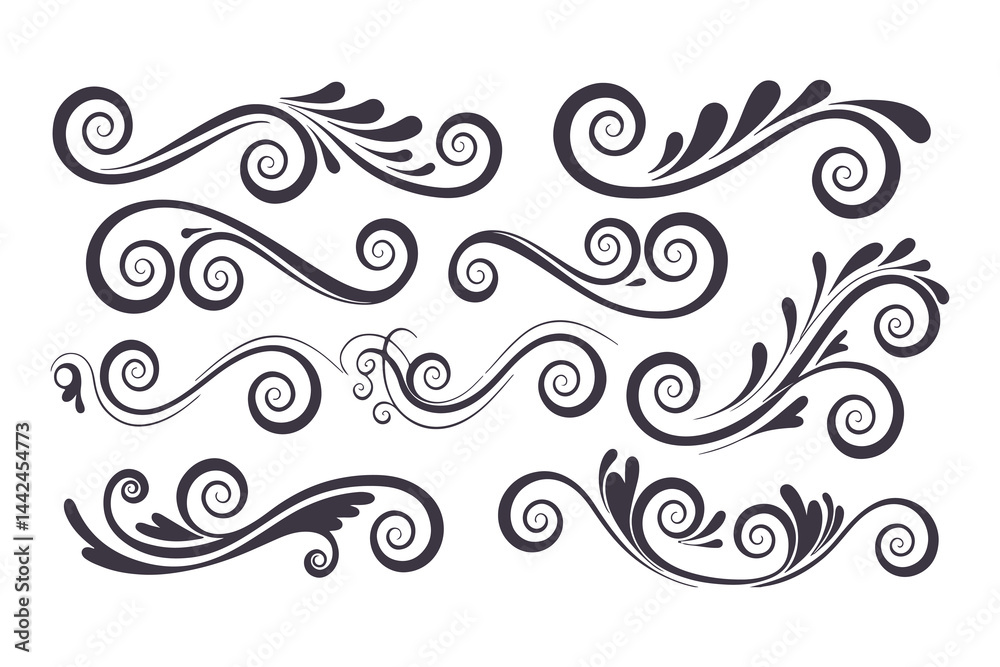 Swirl and Spiral Vector Silhouette Set. Decorative Elements Perfect for Invitations, Logos, Tattoos, and Art Projects, Stylish Touch for Graphic Design Swirl and Spiral Vector Silhouette Set. Decorative Elements Perfect for Invitations, Logos, Tattoos, and Art Projects, Stylish Touch for Graphic Design