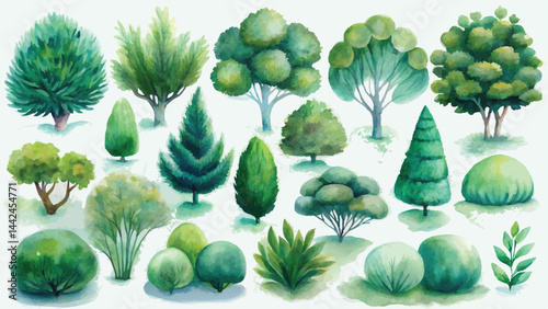 Vector watercolor green tree or forest side view isolated on white background for landscape and architecture drawing,elements for environment 