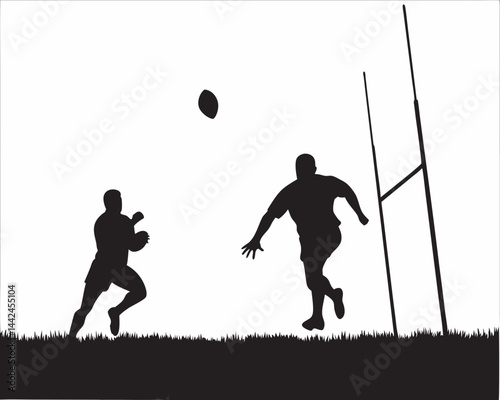 The thrilling climax of a rugby match: two players in intense competition for the ball, a dramatic silhouette against a simple white background.