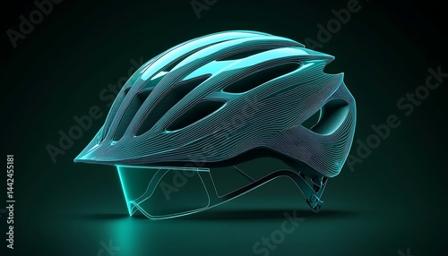 Artistic bicycle helmet icon sleek teal lines glowing on a dark forest green gradient