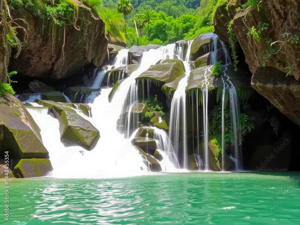 A waterfall is flowing into a pool of water. The water is clear and the rocks surrounding the pool are green