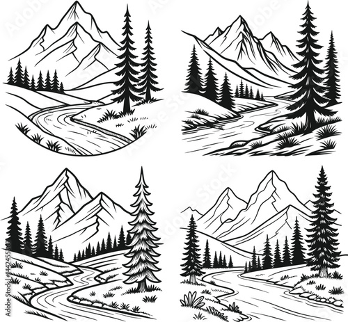 A cold winter forest landscape vector illustration depicts snow-covered pine and fir trees under a holiday sky