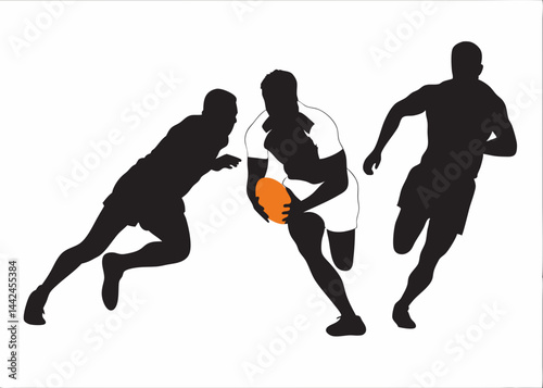 The intense thrill of a rugby match captured in bold silhouettes, a player battling for possession while teammates strategize their next move against a stark white background.