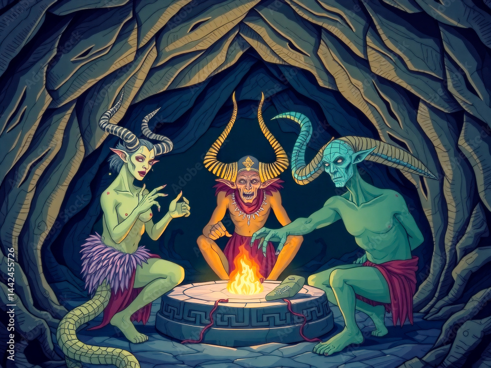 Three men and two women are sitting around a fire in a cave. The men are dressed in tribal garb and the women are dressed in green. Scene is mysterious and eerie