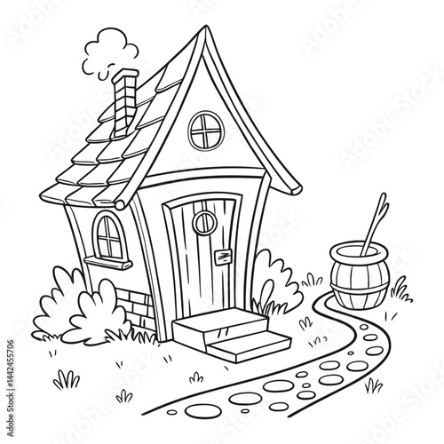 vector illustration of a city house with fence and trees. Coloring book page, comic house, kawaii