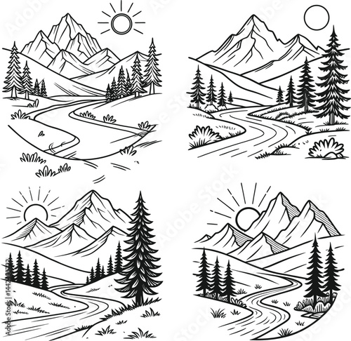 Vector illustration of a winter mountain landscape with snow-covered trees and a village house silhouette, perfect for a holiday card design