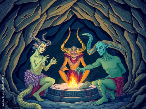 Obraz na płótnie Three men and two women are sitting around a fire in a cave. The men are dressed in tribal garb and the women are dressed in green. Scene is mysterious and eerie w salonie