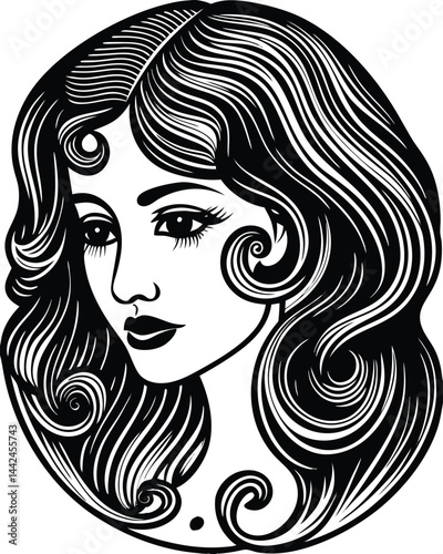 woman with an enormous, intricately curled hairstyle, blending surrealism, elegance, and vintage artistic style sketch engraving generative ai raster illustration. Scratch board. Black and white image