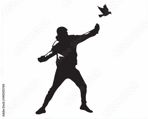 A lone figure releasing a bird, symbolizing freedom and hope, captured in a bold black silhouette against a stark white background.