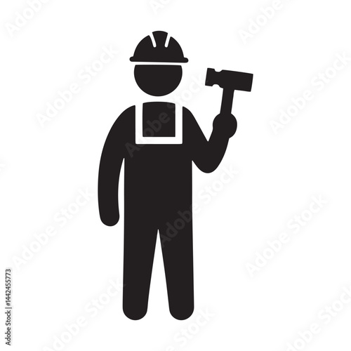 Construction worker holding hammer wearing safety helmet in vector silhouette graphic
