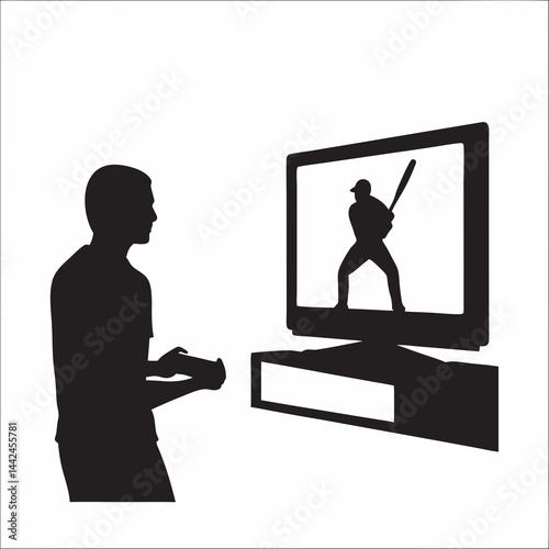 A young man intensely focused on a baseball video game, completely immersed in the virtual action and the thrill of the swing, displayed in stark black silhouettes against a white background.