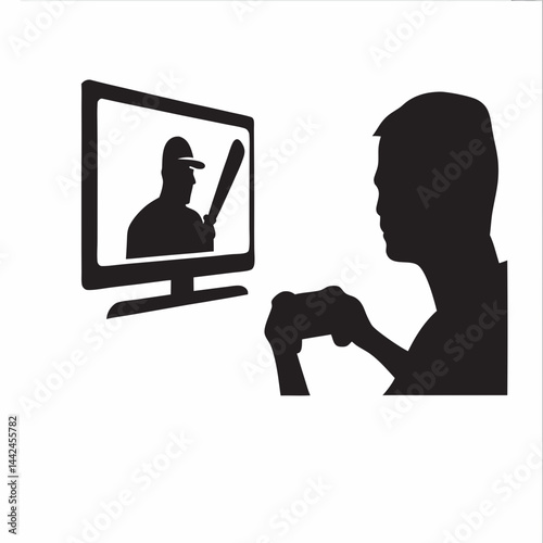 A gamer intensely focused on a baseball video game, his silhouette stark against a white background, gripping the controller with determination.