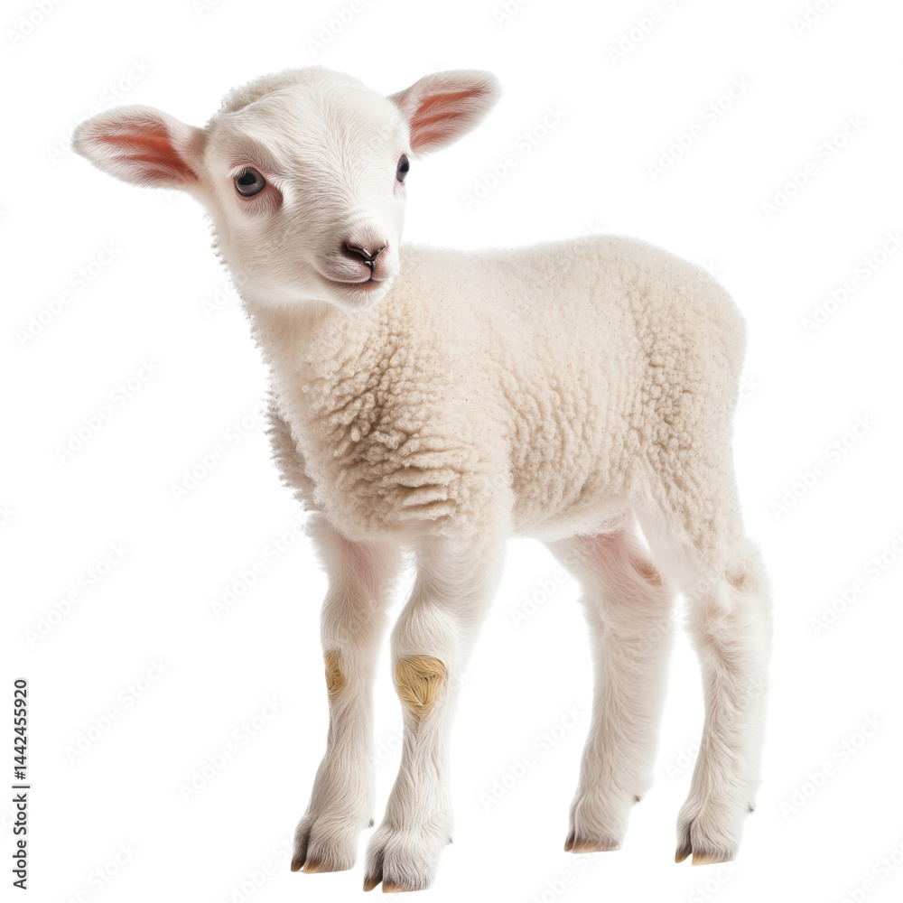 Side view of a tiny baby lamb standing, looking slightly left, cut out and isolated on a transparent background
Side view of a tiny baby lamb standing, looking slightly left, cut out and isolated on a transparent background