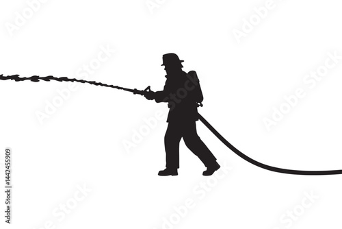 Firefighter spraying water from hose in active fire control silhouette vector
