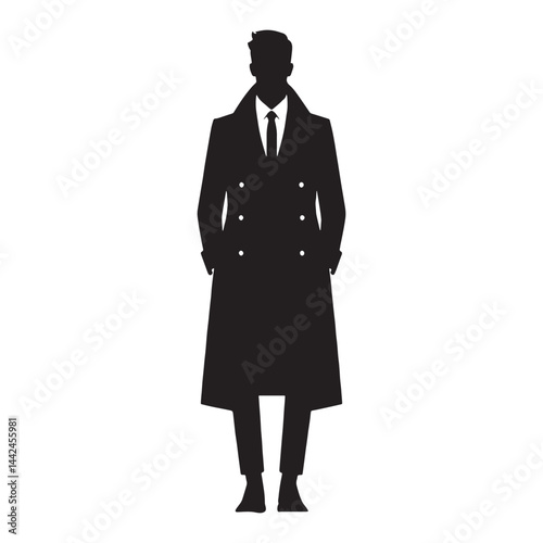 Classic Overcoat silhouette, elegance in every layer – Overcoat illustration – Minimalist Overcoat vector – Men's dress silhouette

