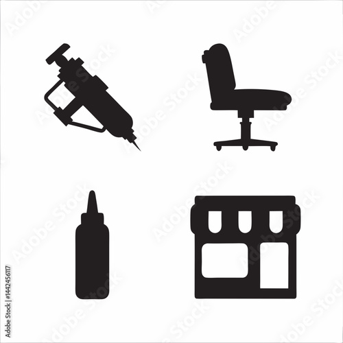 A simple icon set showcasing a professional office chair, a glue bottle, a storefront, and a precision tool, all in bold black silhouettes against a stark white background.