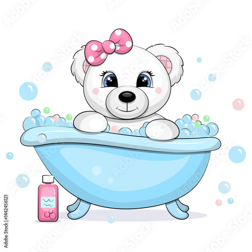 A cute cartoon white bear is taking a bath. Vector illustration of an animal toy with a bath and bubbles on a white background.
