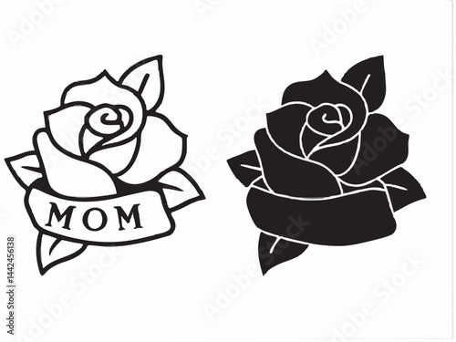 A timeless tribute: two roses, one filled with bold black ink, the other outlined, both elegantly wrapped with a banner reading “MOM”, a classic illustration of motherly love.