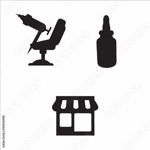 A tattoo parlor's essential tools and welcoming storefront, promising precision, care, and artistry with simple black silhouettes.