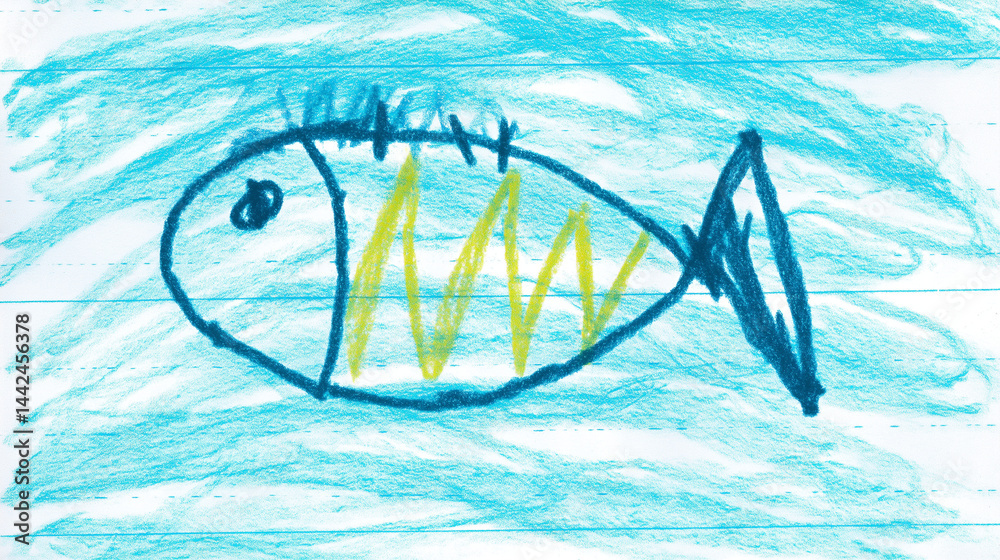 kind, zeichnung, gemalt, blatt, papier, fisch, buntstfite, aqurell, drawing, zeichnung, fische, unterwasser, 4yeras, old, baby, kindergarten, kita, kinderzeichnung, zeichnung, wasser, pool, meer, somm