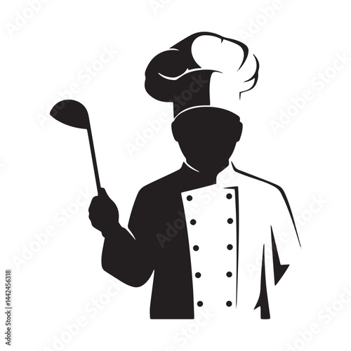 Professional chef holding spoon and ladle wearing hat silhouette vector illustration