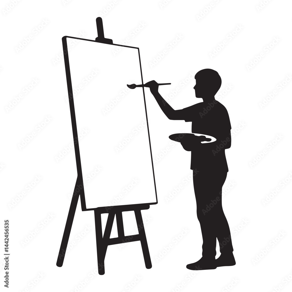 Professional artist painting on easel in creative studio black vector silhouette